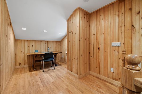 Home Office, Interior, Recessed Lighting, Wood Texture Flooring, Wooden Walls
