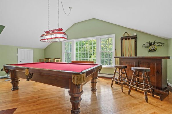 Billiard Table, Game Room, Interior, Pendant Lights, Wood Texture Flooring
