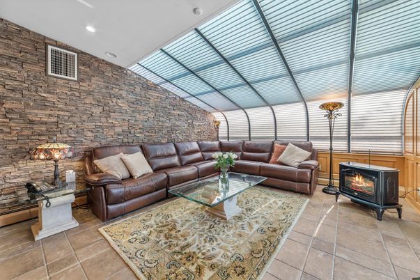 Fireplace, Interior, Living room, Recessed Lighting, Stone Walls