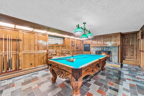 Billiard Table, Fireplace, Game Room, Interior, Wooden Walls