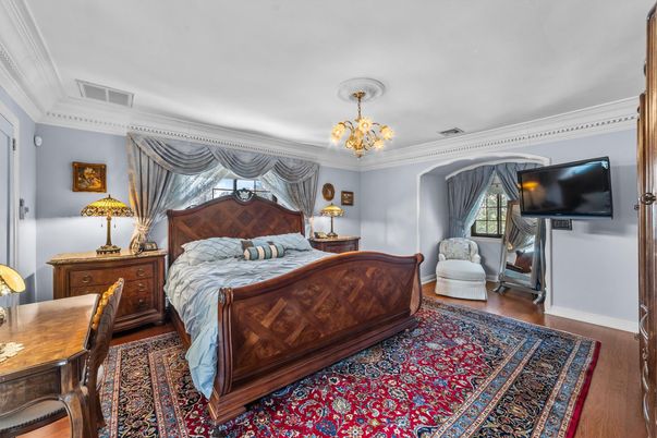 Bedroom, Chandelier, Interior, Wood Texture Flooring