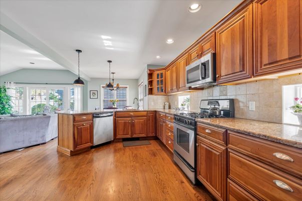 Interior, Kitchen, Pendant Lights, Recessed Lighting, Stainless Steel Appliances, Wood Texture Flooring