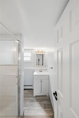 Bathroom, Glass Shower, Interior, Wood Texture Flooring