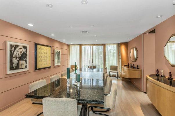 Dining room, Interior, Recessed Lighting, Wood Texture Flooring
