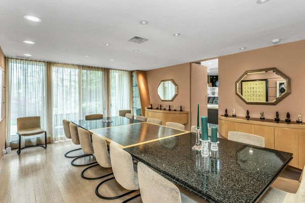 Dining room, Interior, Recessed Lighting, Wood Texture Flooring