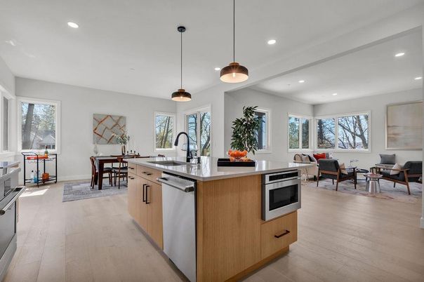 Dining room, Interior, Kitchen, Living room, Pendant Lights, Recessed Lighting, Stainless Steel Appliances, Wood Texture Flooring