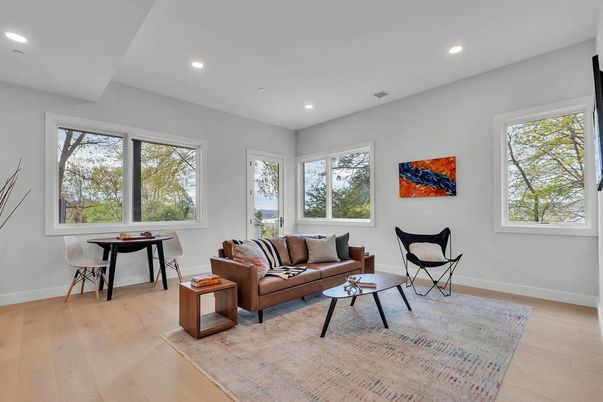 Dining room, Interior, Living room, Recessed Lighting, Wood Texture Flooring