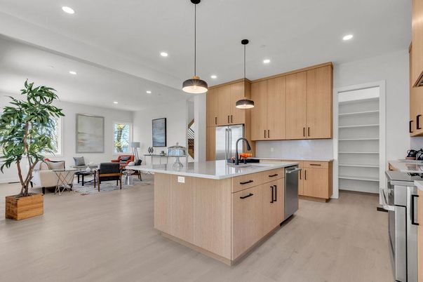 Dining room, Interior, Kitchen, Living room, Pendant Lights, Recessed Lighting, Stainless Steel Appliances, Wood Texture Flooring