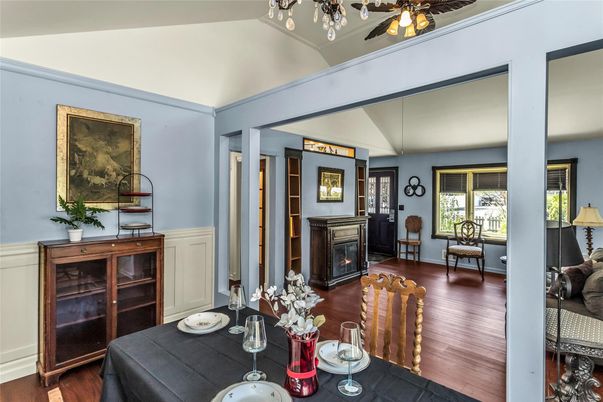 Dining room, Fireplace, Interior, Wood Texture Flooring