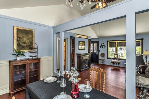 Dining room, Fireplace, Interior, Wood Texture Flooring