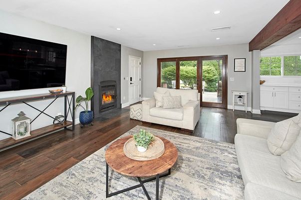 Fireplace, Interior, Living room, Recessed Lighting, Wooden Beams, Wood Texture Flooring