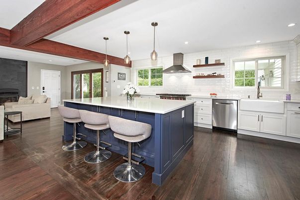 Interior, Kitchen, Living room, Pendant Lights, Recessed Lighting, Stainless Steel Appliances, Wooden Beams, Wood Texture Flooring