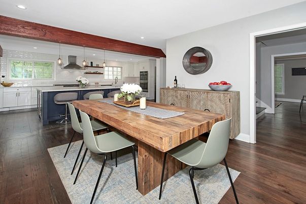 Dining room, Interior, Kitchen, Pendant Lights, Recessed Lighting, Stainless Steel Appliances, Wood Texture Flooring