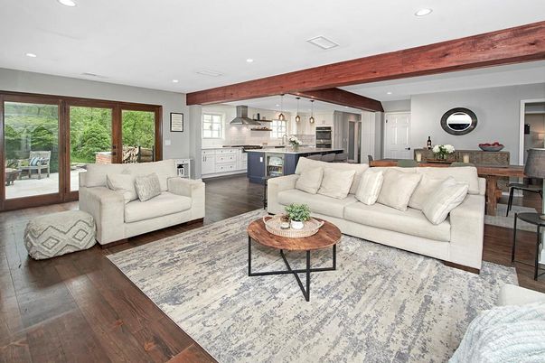 Dining room, Interior, Kitchen, Living room, Pendant Lights, Recessed Lighting, Stainless Steel Appliances, Wooden Beams, Wood Texture Flooring