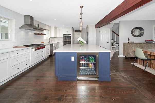 Interior, Kitchen, Pendant Lights, Recessed Lighting, Stainless Steel Appliances, Wooden Beams, Wood Texture Flooring