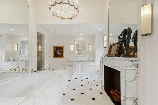 Bathroom, Chandelier, Dual Sink Vanities, Fireplace, Interior, Marble, Recessed Lighting