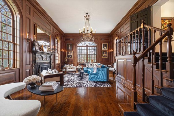 Chandelier, Fireplace, Interior, Living room, Wood Texture Flooring, Wooden Walls