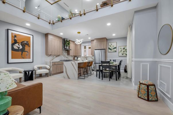 Dining room, Interior, Kitchen, Pendant Lights, Recessed Lighting, Wood Texture Flooring