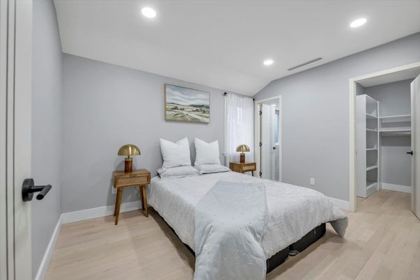 Bedroom, Interior, Recessed Lighting, Wood Texture Flooring