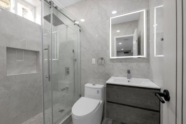 Bathroom, Glass Shower, Interior, Marble Walls, Recessed Lighting