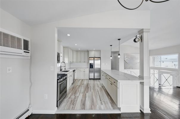 Interior, Kitchen, Pendant Lights, Recessed Lighting, Stainless Steel Appliances, Wood Texture Flooring