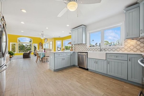 Dining room, Interior, Kitchen, Recessed Lighting, Stainless Steel Appliances, Wood Texture Flooring