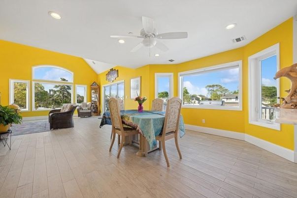 Dining room, Interior, Recessed Lighting, Wood Texture Flooring
