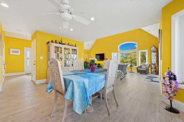 Dining room, Interior, Recessed Lighting, Wood Texture Flooring