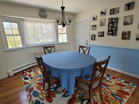 Dining room, Interior, Pendant Lights, Wood Texture Flooring