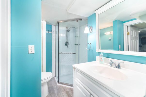 Bathroom, Glass Shower, Interior, Wood Texture Flooring