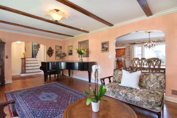 Chandelier, Dining room, Interior, Piano, Wooden Beams, Wood Texture Flooring