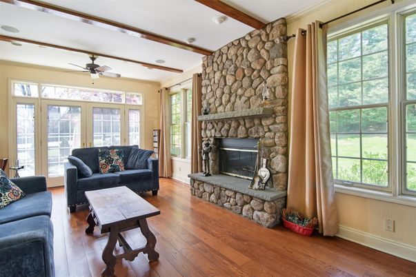 Fireplace, Interior, Living room, Stone Walls, Wooden Beams, Wood Texture Flooring