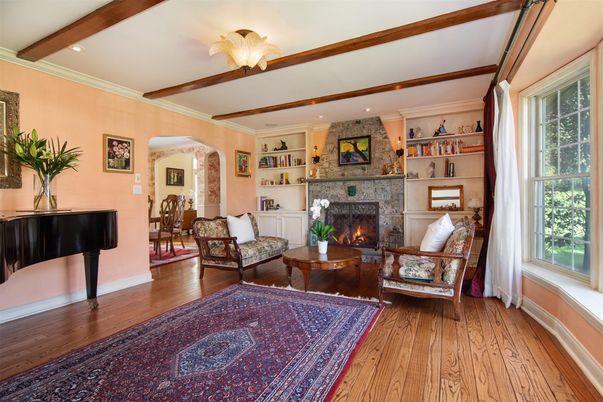 Fireplace, Interior, Living room, Piano, Recessed Lighting, Stone Walls, Wooden Beams, Wood Texture Flooring