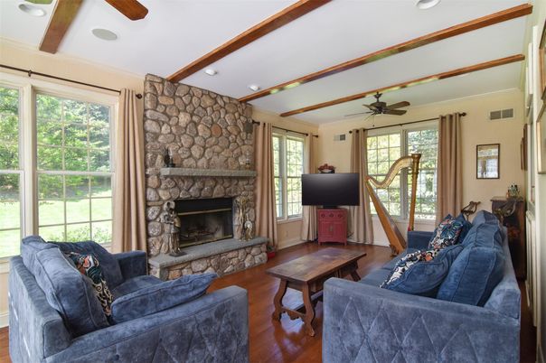 Fireplace, Interior, Living room, Recessed Lighting, Stone Walls, Wooden Beams, Wood Texture Flooring