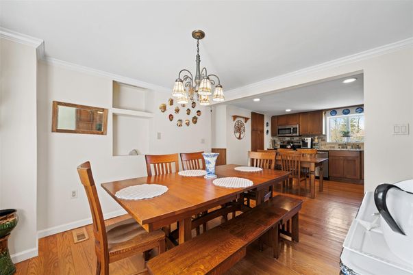 Chandelier, Dining room, Interior, Kitchen, Recessed Lighting, Wood Texture Flooring