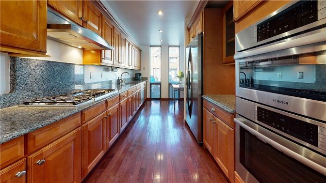 Interior, Kitchen, Recessed Lighting, Stainless Steel Appliances, Wood Texture Flooring