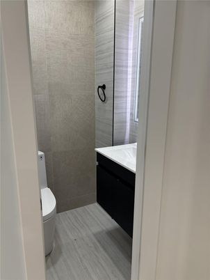 Bathroom, Glass Shower, Interior, Wood Texture Flooring