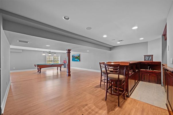 Billiard Table, Game Room, Interior, Recessed Lighting, Wood Texture Flooring