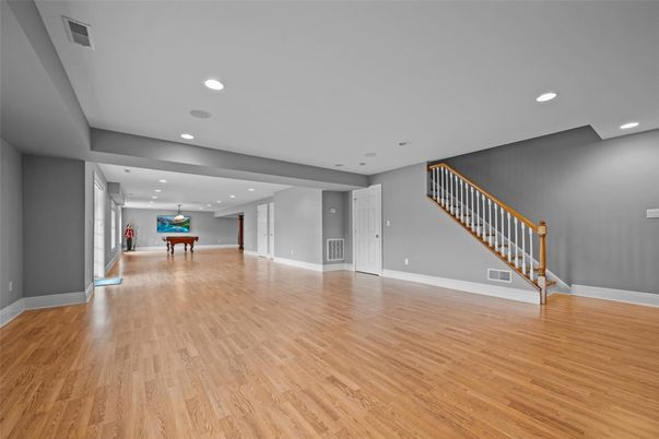 Billiard Table, Empty room, Game Room, Interior, Recessed Lighting, Wood Texture Flooring