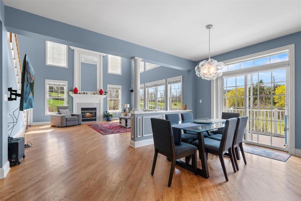 Dining room, Fireplace, Interior, Pendant Lights, Wood Texture Flooring