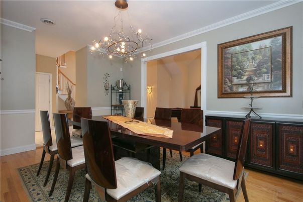 Chandelier, Dining room, Interior, Wood Texture Flooring