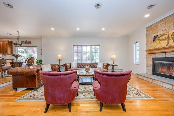 Dining room, Fireplace, Interior, Living room, Pendant Lights, Recessed Lighting, Stone Walls, Wood Texture Flooring