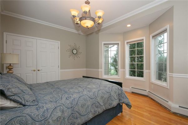 Bedroom, Chandelier, Interior, Recessed Lighting, Wood Texture Flooring
