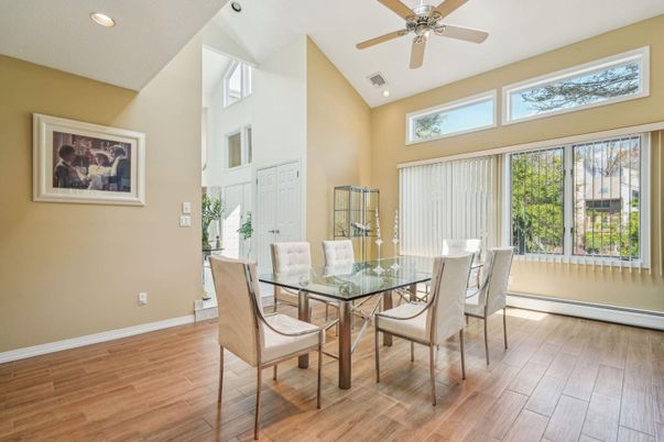 Dining room, Interior, Recessed Lighting, Wood Texture Flooring
