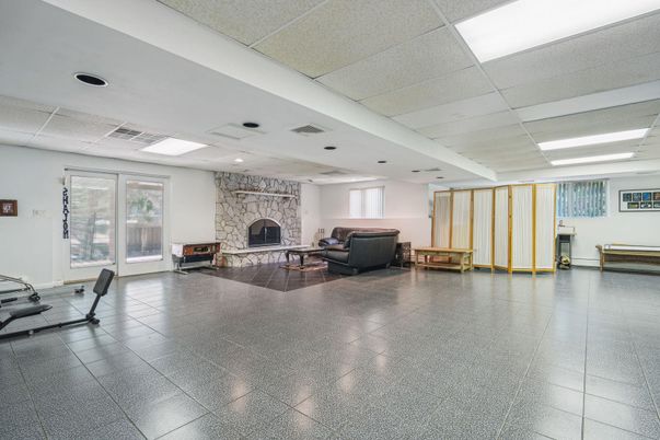 Fireplace, Interior, Living room, Recessed Lighting, Stone Walls