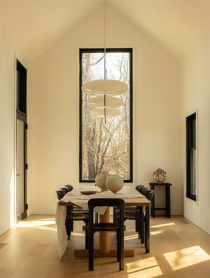 Dining room, Interior, Pendant Lights, Wood Texture Flooring
