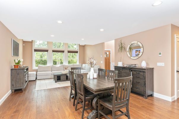 Dining room, Interior, Living room, Recessed Lighting, Wood Texture Flooring