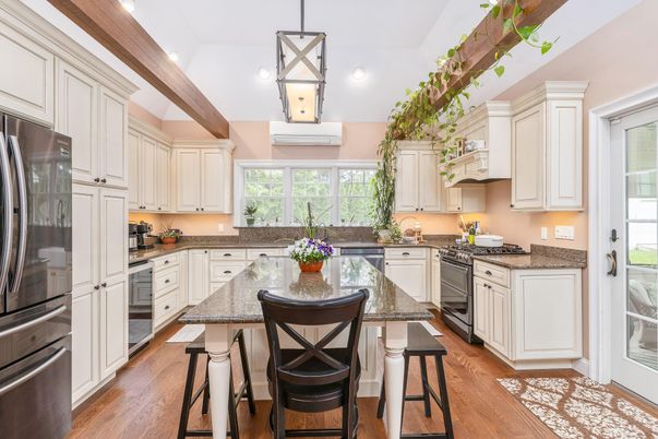 Interior, Kitchen, Pendant Lights, Recessed Lighting, Wooden Beams, Wood Texture Flooring