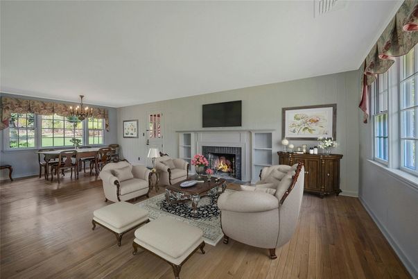 Chandelier, Dining room, Fireplace, Interior, Living room, Wood Texture Flooring