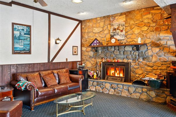Fireplace, Interior, Living room, Recessed Lighting, Stone Walls